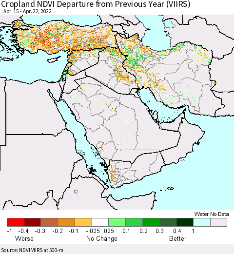 Middle East and Turkey Cropland NDVI Departure from Previous Year (VIIRS) Thematic Map For 4/15/2022 - 4/22/2022