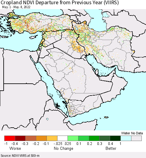 Middle East and Turkey Cropland NDVI Departure from Previous Year (VIIRS) Thematic Map For 5/1/2022 - 5/8/2022