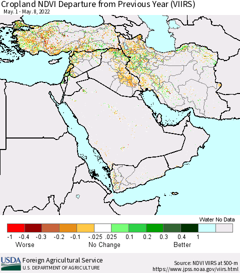 Middle East and Turkey Cropland NDVI Departure from Previous Year (VIIRS) Thematic Map For 5/1/2022 - 5/10/2022