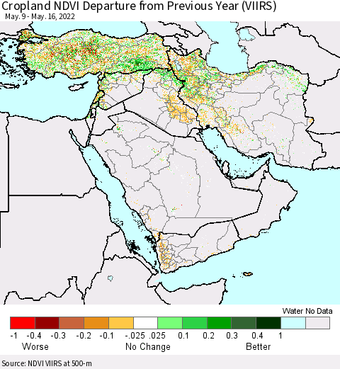 Middle East and Turkey Cropland NDVI Departure from Previous Year (VIIRS) Thematic Map For 5/9/2022 - 5/16/2022