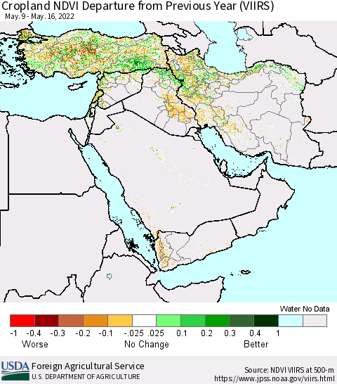 Middle East and Turkey Cropland NDVI Departure from Previous Year (VIIRS) Thematic Map For 5/11/2022 - 5/20/2022