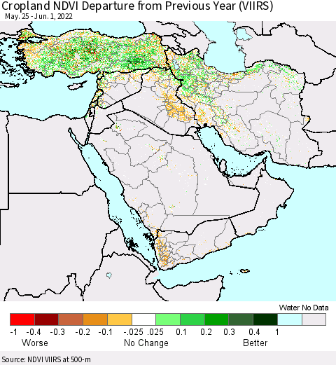 Middle East and Turkey Cropland NDVI Departure from Previous Year (VIIRS) Thematic Map For 5/25/2022 - 6/1/2022