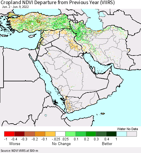 Middle East and Turkey Cropland NDVI Departure from Previous Year (VIIRS) Thematic Map For 6/2/2022 - 6/9/2022