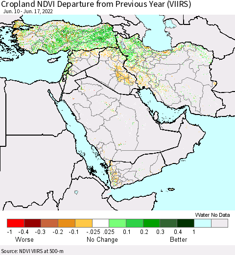 Middle East and Turkey Cropland NDVI Departure from Previous Year (VIIRS) Thematic Map For 6/10/2022 - 6/17/2022