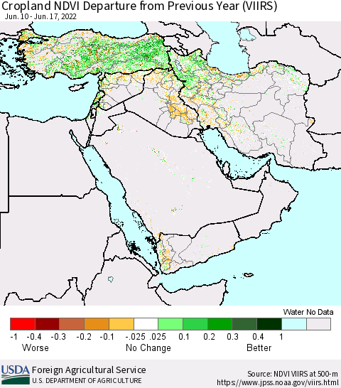 Middle East and Turkey Cropland NDVI Departure from Previous Year (VIIRS) Thematic Map For 6/11/2022 - 6/20/2022