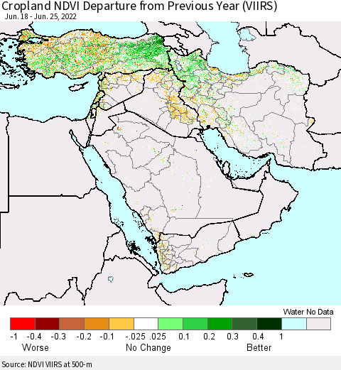 Middle East and Turkey Cropland NDVI Departure from Previous Year (VIIRS) Thematic Map For 6/18/2022 - 6/25/2022
