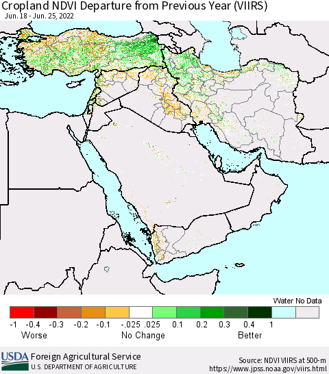 Middle East and Turkey Cropland NDVI Departure from Previous Year (VIIRS) Thematic Map For 6/21/2022 - 6/30/2022