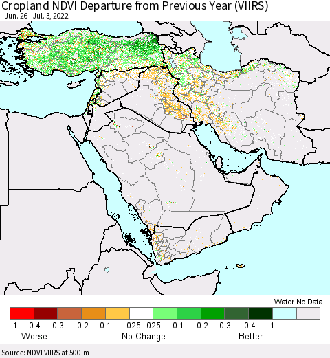 Middle East and Turkey Cropland NDVI Departure from Previous Year (VIIRS) Thematic Map For 6/26/2022 - 7/3/2022