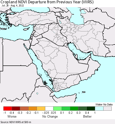 Middle East and Turkey Cropland NDVI Departure from Previous Year (VIIRS) Thematic Map For 7/28/2022 - 8/4/2022