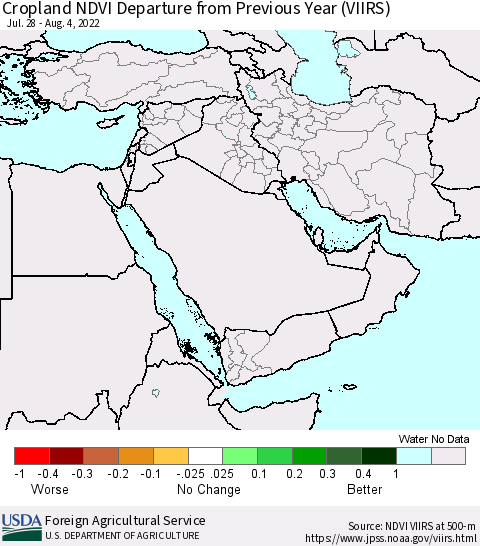 Middle East and Turkey Cropland NDVI Departure from Previous Year (VIIRS) Thematic Map For 8/1/2022 - 8/10/2022