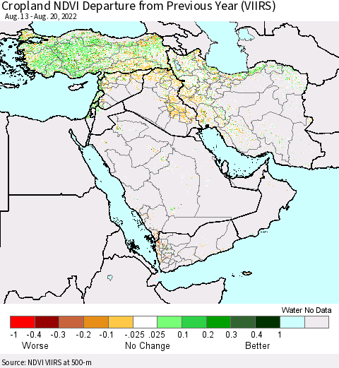 Middle East and Turkey Cropland NDVI Departure from Previous Year (VIIRS) Thematic Map For 8/11/2022 - 8/20/2022