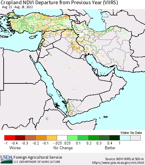 Middle East and Turkey Cropland NDVI Departure from Previous Year (VIIRS) Thematic Map For 8/21/2022 - 8/31/2022