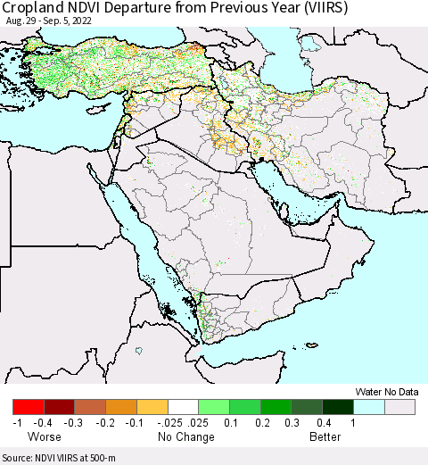 Middle East and Turkey Cropland NDVI Departure from Previous Year (VIIRS) Thematic Map For 8/29/2022 - 9/5/2022