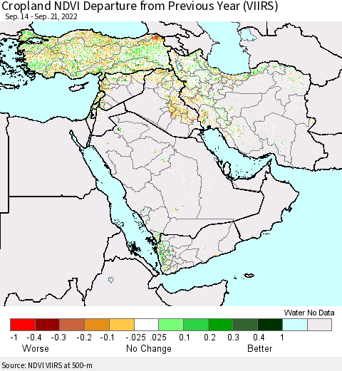 Middle East and Turkey Cropland NDVI Departure from Previous Year (VIIRS) Thematic Map For 9/14/2022 - 9/21/2022