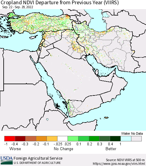 Middle East and Turkey Cropland NDVI Departure from Previous Year (VIIRS) Thematic Map For 9/21/2022 - 9/30/2022