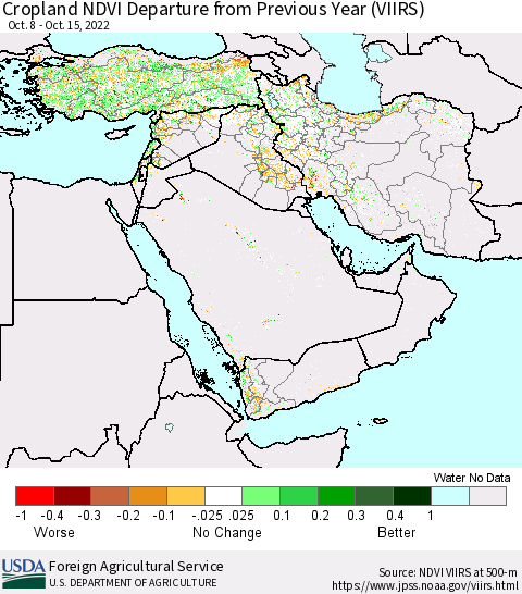 Middle East and Turkey Cropland NDVI Departure from Previous Year (VIIRS) Thematic Map For 10/11/2022 - 10/20/2022