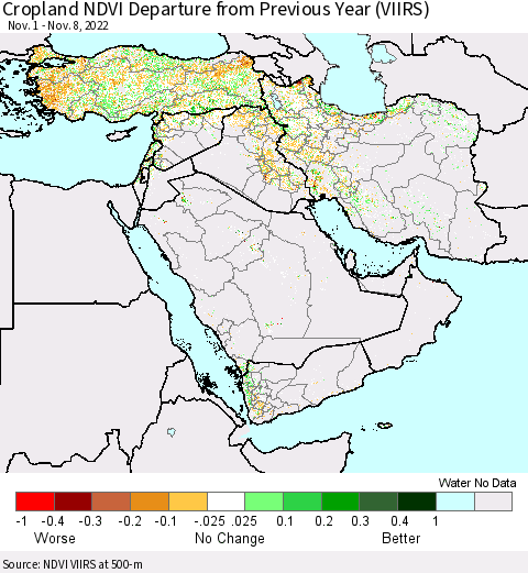 Middle East and Turkey Cropland NDVI Departure from Previous Year (VIIRS) Thematic Map For 11/1/2022 - 11/8/2022