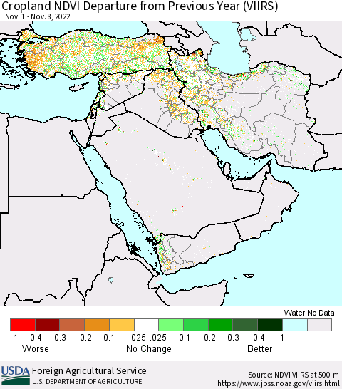 Middle East and Turkey Cropland NDVI Departure from Previous Year (VIIRS) Thematic Map For 11/1/2022 - 11/10/2022