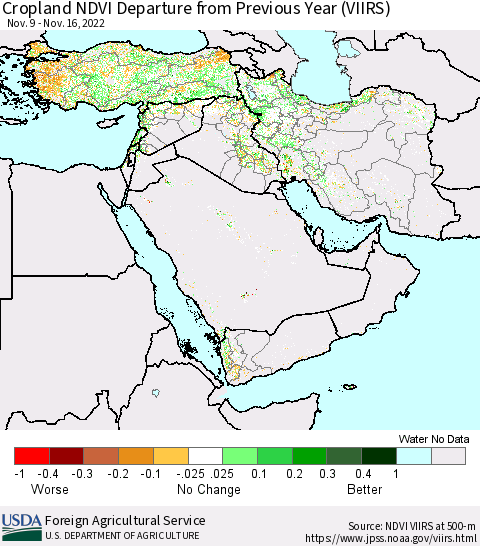Middle East and Turkey Cropland NDVI Departure from Previous Year (VIIRS) Thematic Map For 11/11/2022 - 11/20/2022