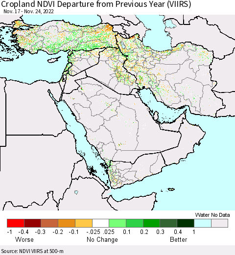 Middle East and Turkey Cropland NDVI Departure from Previous Year (VIIRS) Thematic Map For 11/17/2022 - 11/24/2022