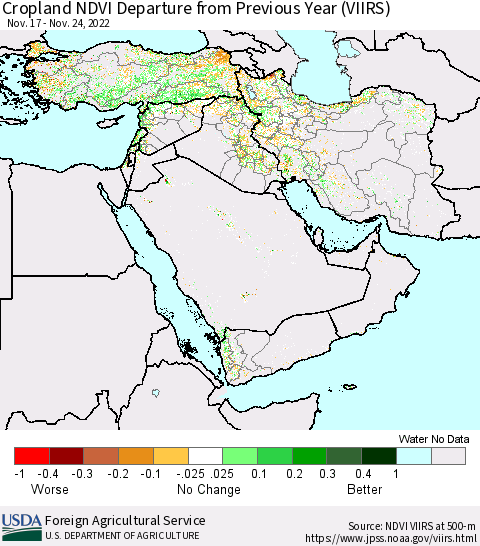 Middle East and Turkey Cropland NDVI Departure from Previous Year (VIIRS) Thematic Map For 11/21/2022 - 11/30/2022