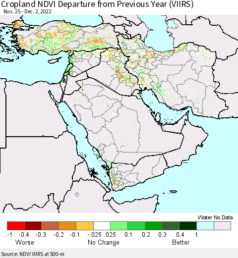Middle East and Turkey Cropland NDVI Departure from Previous Year (VIIRS) Thematic Map For 11/25/2022 - 12/2/2022