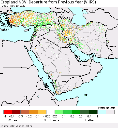 Middle East and Turkey Cropland NDVI Departure from Previous Year (VIIRS) Thematic Map For 12/3/2022 - 12/10/2022