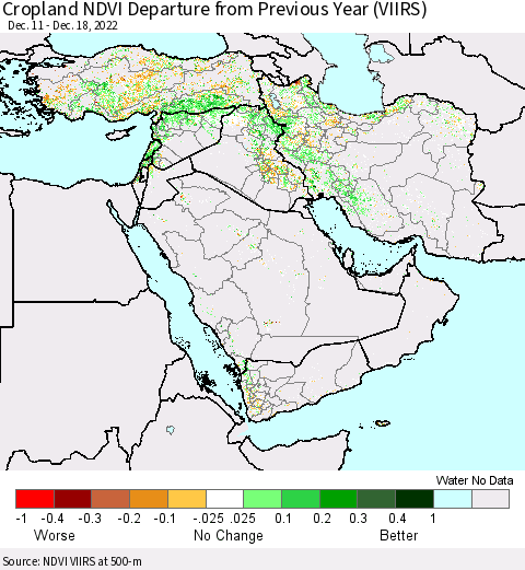 Middle East and Turkey Cropland NDVI Departure from Previous Year (VIIRS) Thematic Map For 12/11/2022 - 12/18/2022