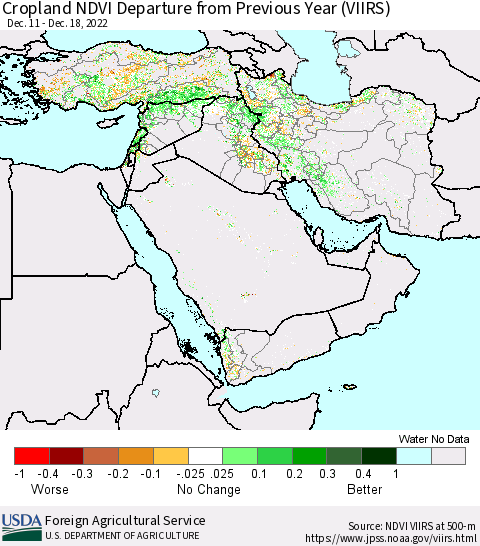 Middle East and Turkey Cropland NDVI Departure from Previous Year (VIIRS) Thematic Map For 12/11/2022 - 12/20/2022