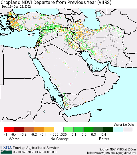 Middle East and Turkey Cropland NDVI Departure from Previous Year (VIIRS) Thematic Map For 12/21/2022 - 12/31/2022