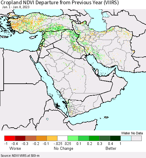 Middle East and Turkey Cropland NDVI Departure from Previous Year (VIIRS) Thematic Map For 1/1/2023 - 1/8/2023
