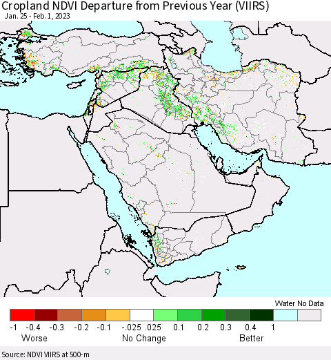 Middle East and Turkey Cropland NDVI Departure from Previous Year (VIIRS) Thematic Map For 1/25/2023 - 2/1/2023