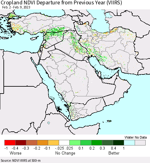 Middle East and Turkey Cropland NDVI Departure from Previous Year (VIIRS) Thematic Map For 2/2/2023 - 2/9/2023