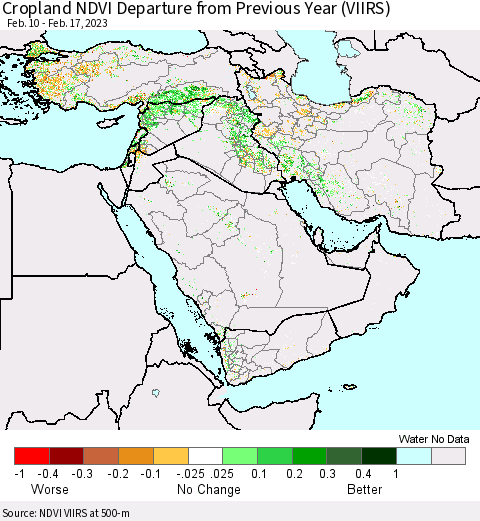Middle East and Turkey Cropland NDVI Departure from Previous Year (VIIRS) Thematic Map For 2/10/2023 - 2/17/2023