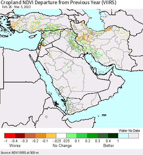 Middle East and Turkey Cropland NDVI Departure from Previous Year (VIIRS) Thematic Map For 2/26/2023 - 3/5/2023