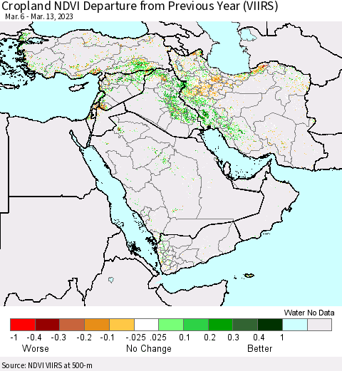 Middle East and Turkey Cropland NDVI Departure from Previous Year (VIIRS) Thematic Map For 3/6/2023 - 3/13/2023