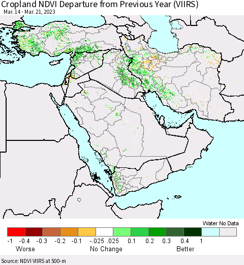 Middle East and Turkey Cropland NDVI Departure from Previous Year (VIIRS) Thematic Map For 3/14/2023 - 3/21/2023