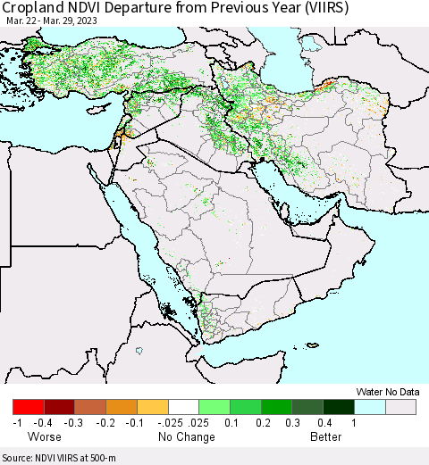 Middle East and Turkey Cropland NDVI Departure from Previous Year (VIIRS) Thematic Map For 3/22/2023 - 3/29/2023