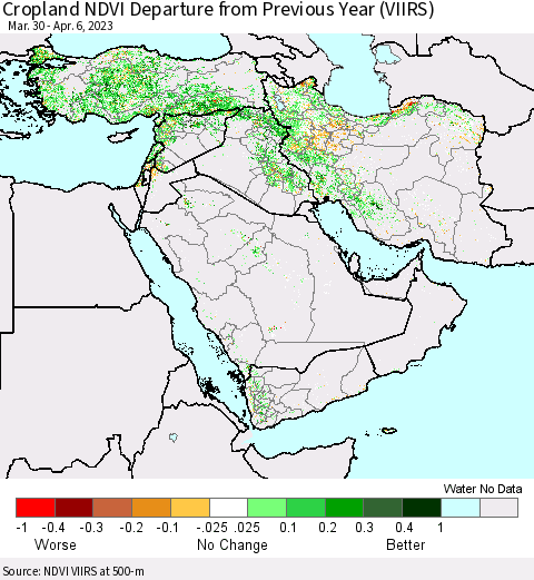 Middle East and Turkey Cropland NDVI Departure from Previous Year (VIIRS) Thematic Map For 3/30/2023 - 4/6/2023