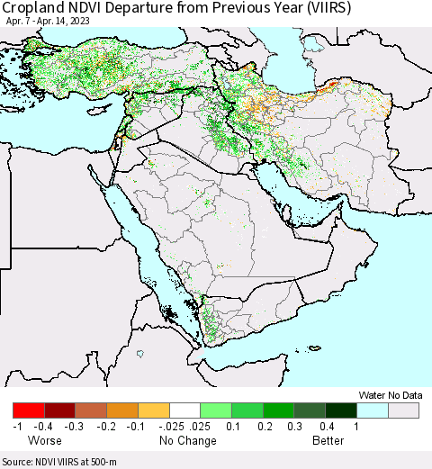 Middle East and Turkey Cropland NDVI Departure from Previous Year (VIIRS) Thematic Map For 4/7/2023 - 4/14/2023
