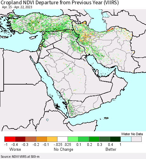 Middle East and Turkey Cropland NDVI Departure from Previous Year (VIIRS) Thematic Map For 4/15/2023 - 4/22/2023