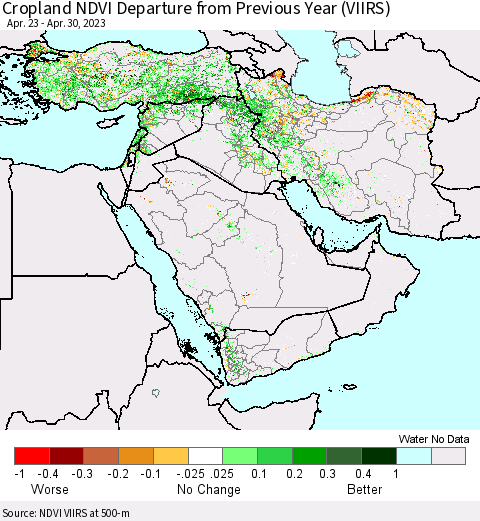 Middle East and Turkey Cropland NDVI Departure from Previous Year (VIIRS) Thematic Map For 4/23/2023 - 4/30/2023
