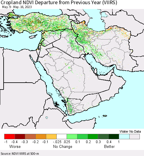 Middle East and Turkey Cropland NDVI Departure from Previous Year (VIIRS) Thematic Map For 5/9/2023 - 5/16/2023