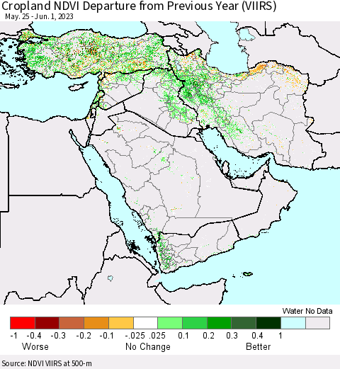 Middle East and Turkey Cropland NDVI Departure from Previous Year (VIIRS) Thematic Map For 5/25/2023 - 6/1/2023