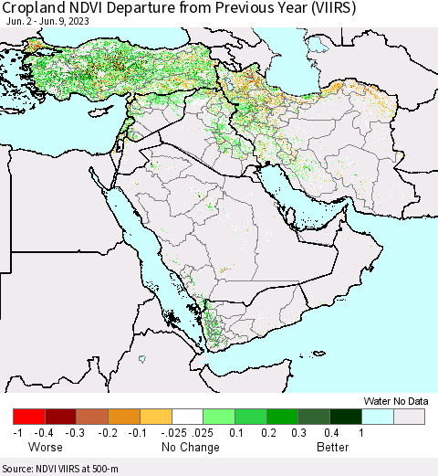 Middle East and Turkey Cropland NDVI Departure from Previous Year (VIIRS) Thematic Map For 6/2/2023 - 6/9/2023