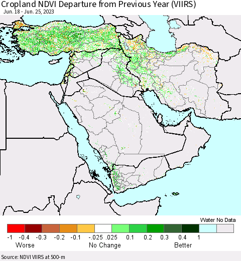 Middle East and Turkey Cropland NDVI Departure from Previous Year (VIIRS) Thematic Map For 6/18/2023 - 6/25/2023