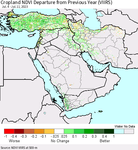 Middle East and Turkey Cropland NDVI Departure from Previous Year (VIIRS) Thematic Map For 7/4/2023 - 7/11/2023