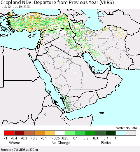 Middle East and Turkey Cropland NDVI Departure from Previous Year (VIIRS) Thematic Map For 7/12/2023 - 7/19/2023