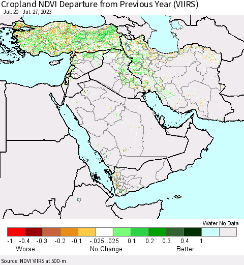 Middle East and Turkey Cropland NDVI Departure from Previous Year (VIIRS) Thematic Map For 7/20/2023 - 7/27/2023
