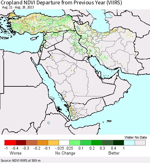 Middle East and Turkey Cropland NDVI Departure from Previous Year (VIIRS) Thematic Map For 8/21/2023 - 8/28/2023